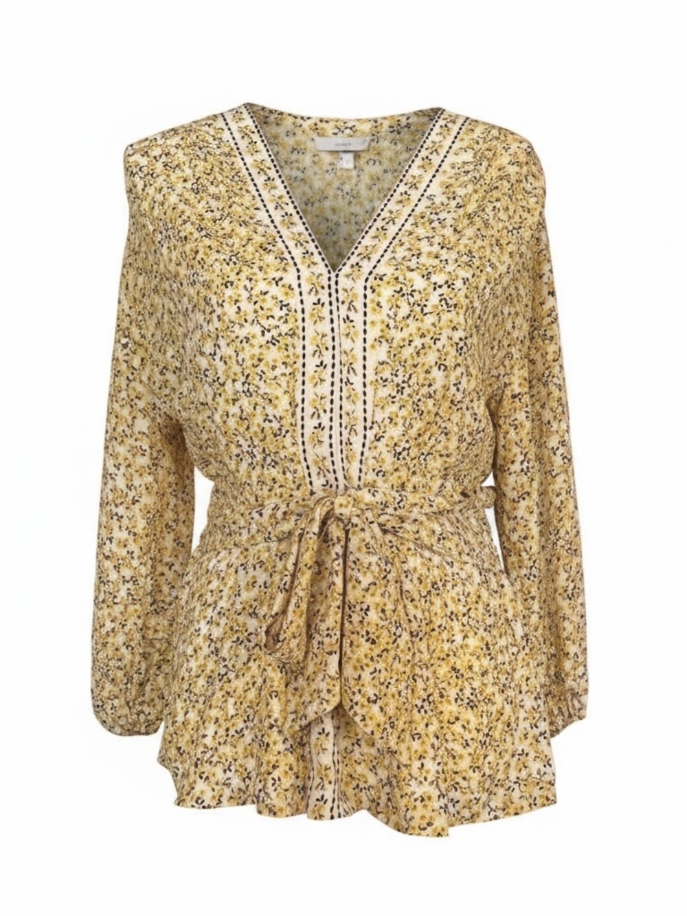 NWT Max Studio Yellow Floral V-neck Blouse with Belted Tie Detail